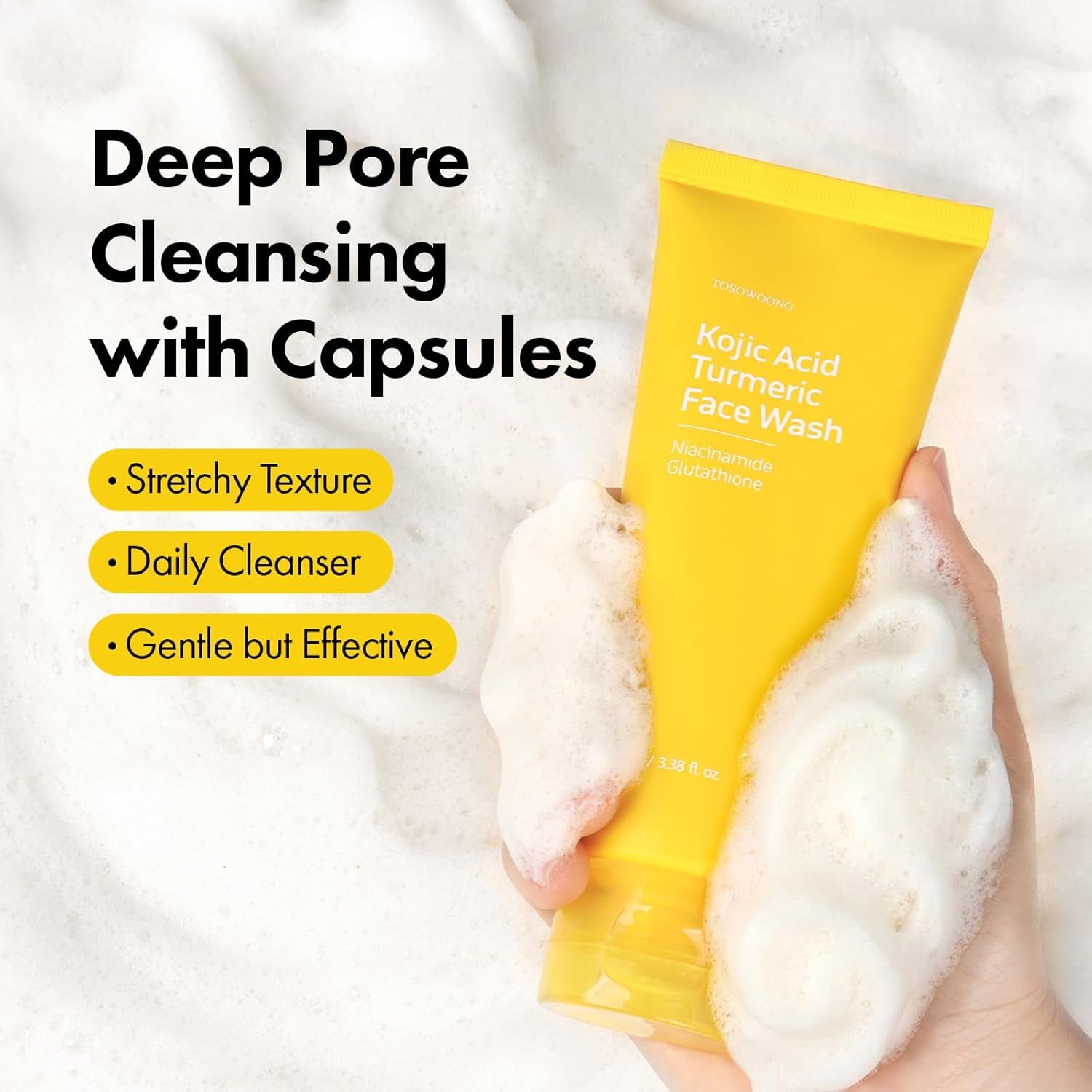 Kojic Acid Turmeric Face Wash with Niacinamide, Glutathione for Brightening and Dark Spot Care, Mochi Whip with Capsules for Dull, Uneven Skin Tone, Korean Skincare, 100 Ml / 3.38 Fl. Oz.