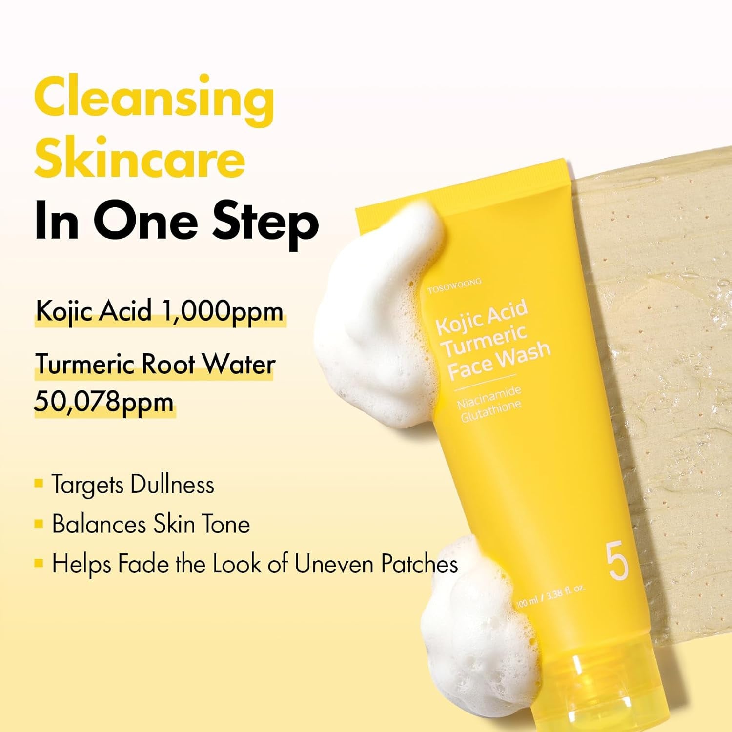 Kojic Acid Turmeric Face Wash with Niacinamide, Glutathione for Brightening and Dark Spot Care, Mochi Whip with Capsules for Dull, Uneven Skin Tone, Korean Skincare, 100 Ml / 3.38 Fl. Oz.